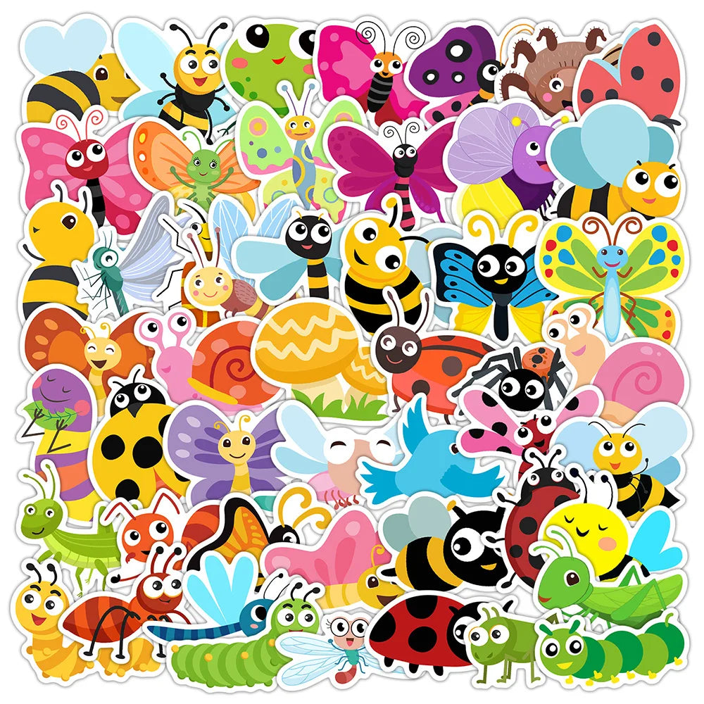 10/30/50pcs Cute Cartoon Insect Stickers Butterfly Bee Graffiti Decals Kid Toy DIY Skateboard Guitar Laptop Kawaii Sticker Decor P'tits Explorateurs